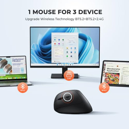 MEETION Left-Handed Ergonomic Vertical Mouse, Wireless, Rechargeable, Black | Dual-mode connectivity via Bluetooth 5.2, Bluetooth 3.0 and USB. 4 adjustable DPI (800–2400) for Windows, Mac, PC and iPad - color: Left Black