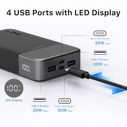 JUOVI Power Bank 35W 20000mAh Portable Charger Fast Charging，PD 3.0 QC 4.0 Fast Charging Phone Charger with LED Display, Travel Battery Pack 2 USB C 2 USB A Ports for iPhone 16/15/14 Series, Galaxy, - color: 4 Outputs Black