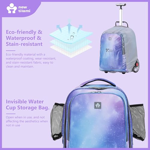NEW TILAMI 20 Inch Rolling Backpack for School Stair-Climbing Big Wheel | Teen Boys Girls Carry-on Suitcase Large Organizer Compartment 15.6 Laptop Sleeve Adjustable Handle Roller Travel Bag College - color: Purple - Blue Fade