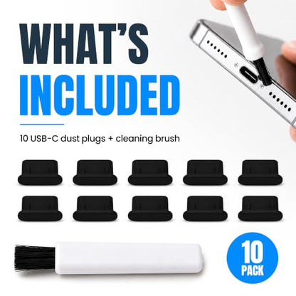 USB C Dust Plugs 10 Pack with Cleaning Brush, Charging Port Covers, Black | Helps block dust, lint and debris, helps support reliable charging, snug low profile fit, durable flexible construction - color: Black