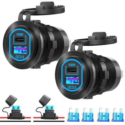 2 Pack 12 Volt USB Outlet PD 100W USB C and QC3.0 18W Port Aluminum Car Charger Socket for Laptops Tablets Phones, Cigarette Lighter Replacement Car Accessories DIY for RV Camper Truck Boat Golf