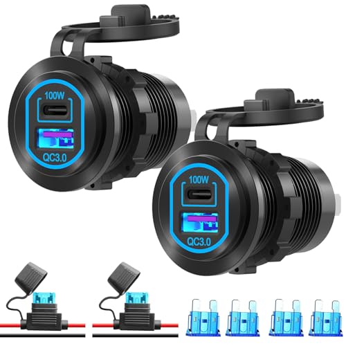 2 Pack 12 Volt USB Outlet PD 100W USB C and QC3.0 18W Port Aluminum Car Charger Socket for Laptops Tablets Phones, Cigarette Lighter Replacement Car Accessories DIY for RV Camper Truck Boat Golf