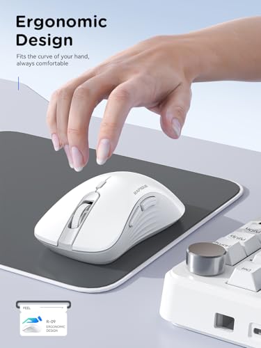 RAPIQUE Wireless Mouse - Dual Bluetooth & 2.4 GHz USB Receiver, Ergonomic Design, Quiet Clicks, Low Power - Multi-Device Compatibility for Laptop, Computer, iPad, MacBook, Chromebook (White and Grey) - color: White and Grey