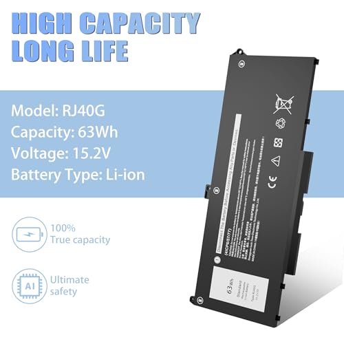 RJ40G 63Wh Laptop Battery Replacement for Dell Latitude 14 5420 Latitude 15 5520 Precision 15 3560 Series Laptop 01K2CF 075X16 WY9DX P137G P137G001 P104F P104F001 0WK3F1 0M3KCN 005R42 15.2V - size: 9.37*3.74*0.23inch RJ40G
