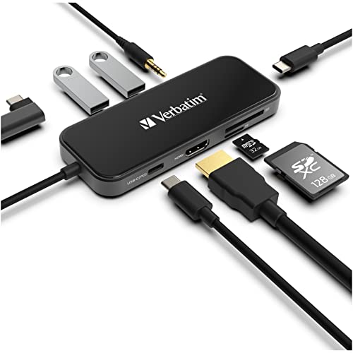 Verbatim 8-in-1 USB C Hub w/Dongle for Laptop - 100W PD, 2 USB 3.0 Ports, 2 USB-C Ports, SD Card Readers, HDMI, 3.5mm Audio