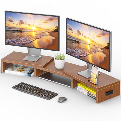 BONTEC Dual Monitor Stand Riser with Smartphone Holder, Adjustable Length & Swivel Angle, Ergonomic Wooden Desktop Organizer for PC Monitor, Laptop, Printer, Large Storage, 42.5 in, Walnut - color: Walnut, size: 42.5 in