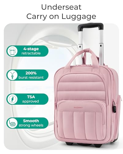 BAGSMART Small Underseat Carry on Luggage with Wheels, 16 inch Small Under Seat Luggage, Lightweight Travel Suitcase for Women, Baby Pink - color: Pink