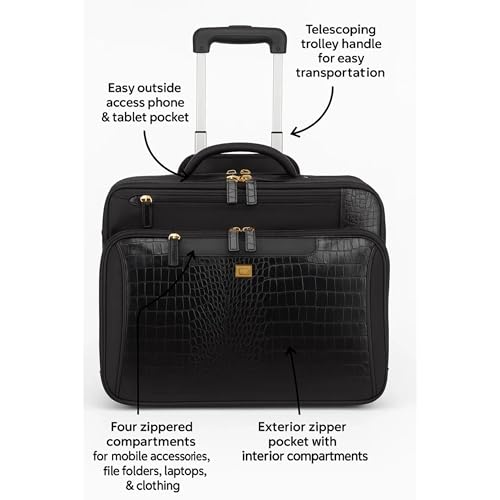 FRANCINE Croco-Style Roller Laptop Tote Bag, Fits Up to 17-Inch Laptop, Wheeled Carry-On Work Travel Bag with Telescoping Handle and Multiple Compartments (Black)
