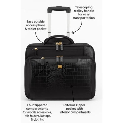 FRANCINE Croco-Style Roller Laptop Tote Bag, Fits Up to 17-Inch Laptop, Wheeled Carry-On Work Travel Bag with Telescoping Handle and Multiple Compartments (Black)