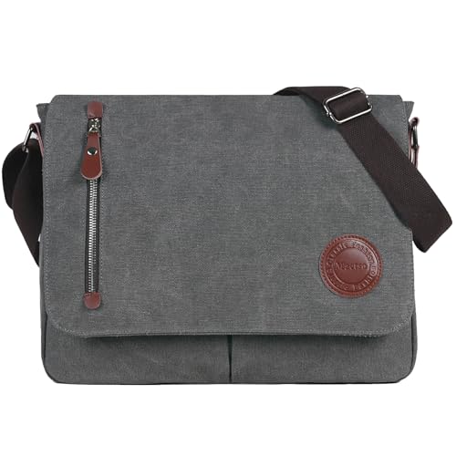 Mactso Vintage Canvas Messenger Bag for Men Women, 13.5 Inch Laptop Satchel Shoulder Bag with Multiple Pockets, Crossbody Bag for Work Travel College (Grey) - color: Grey