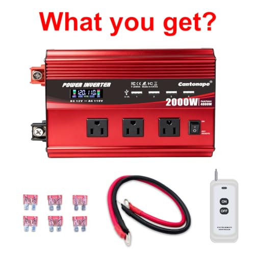 Cantonape 2000W Power Inverter 12V to 110V/120V DC to AC with LCD Display, Remote Controller 3 x AC Outlets and 4 x 3.1A USB Car Adapter for Car Truck Boat RV Solar System - size: 2000W-12V