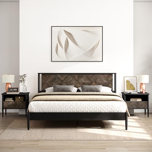 Howizz Lenia 3 Pieces Bedroom Set, Queen Bed Frame with 2 Matching Nightstands, Modern Wood Platform Bed Set, Chevron Diamond Design, No Box Spring Needed, Slatted Support (Mocha Black, Queen) - color: Mocha Black, size: Set Queen + 2 Nightstands