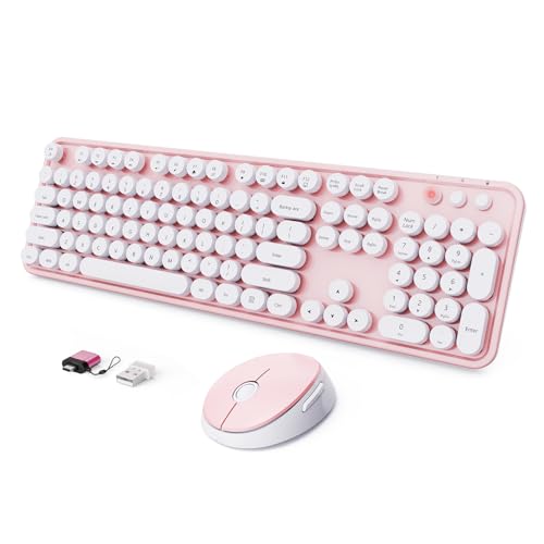 Wireless Keyboard and Mouse Combo, Ergonomic Full Size Typewriter Retro Round Keycaps Keyboard, Compatible with Windows, PC, Perfer for Home and Office Keyboards (Lovely Pink) - color: Pink