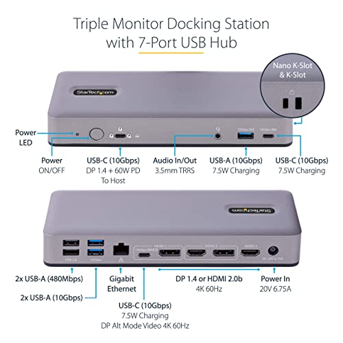 StarTech USB-C Triple 4K30/Dual 4K60 Dock with 7-Port Hub, 60W, WWCB, GbE | Triple-Monitor, Chromebook, Thunderbolt 4, ChromeOS Enterprise, 3.5mm audio, K-Slot, Nano-Slot, mounting holes