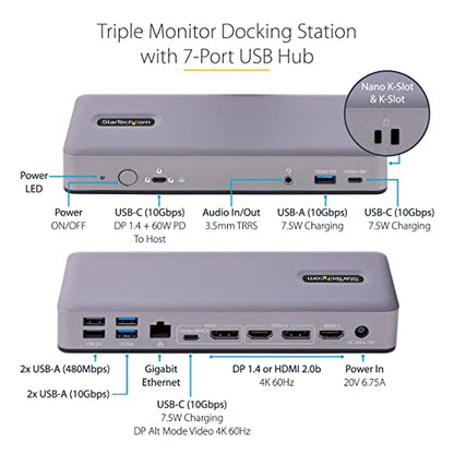 StarTech USB-C Triple 4K30/Dual 4K60 Dock with 7-Port Hub, 60W, WWCB, GbE | Triple-Monitor, Chromebook, Thunderbolt 4, ChromeOS Enterprise, 3.5mm audio, K-Slot, Nano-Slot, mounting holes