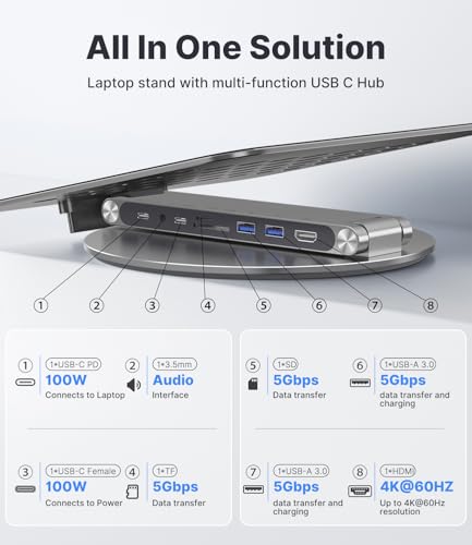 KU XIU Adjustable Laptop Stand with 8 in 1 USB C Hub, Foldable Portable Computer Notebook Stand with 360° Rotating Base, Riser Holder Mount for All 10-17" Laptops (Gray) - color: Gray