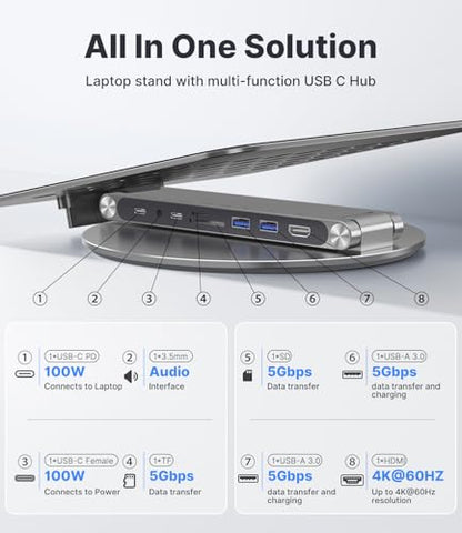 KU XIU Adjustable Laptop Stand with 8 in 1 USB C Hub, Foldable Portable Computer Notebook Stand with 360° Rotating Base, Riser Holder Mount for All 10-17" Laptops (Gray) - color: Gray