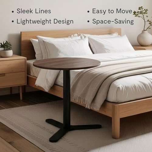 FLEXISPOT Adjustable Overbed Side Table & End Table for Bed & Sofa | Gas Lift Height, Space-Saving Base, Multi-Use Laptop,Snack & Work Table for Home, Apartment, Kids & Adults,Round Walnut Top