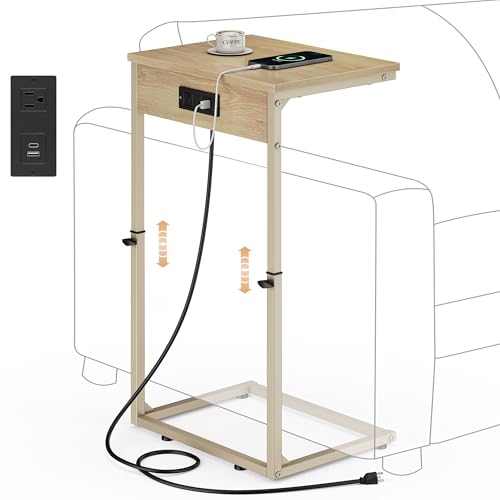 C Shaped End Table with Charging Station, Adjustable Height Side Table for Couch, Small Side Table, 33.2'' Tall Couch Tables that Slide Under, Tv Tray End Table for Living Room, Natural - color: Natural (1 Pack), style: With Plug