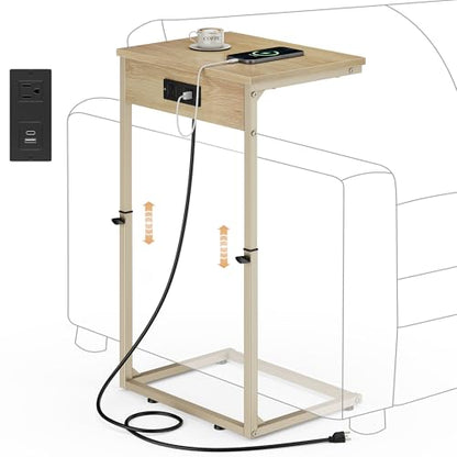 C Shaped End Table with Charging Station, Adjustable Height Side Table for Couch, Small Side Table, 33.2'' Tall Couch Tables that Slide Under, Tv Tray End Table for Living Room, Natural - color: Natural (1 Pack), style: With Plug