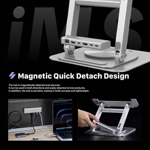 ADAM ELEMENTS Hub Stand Ultra - 6-in-1 Magnetic Detachable USB-C Hub & Ergonomic Laptop Stand, Foldable 4K HDMI Docking Station for MacBook Pro/Air M4 M3 M2 M1, iPad & 17" Laptops - color: Gray