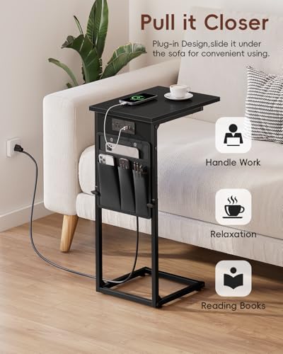 Vagusicc C-Shaped End Tables Set of 2 with Charging Station, 33'' Tall C Table Adjustable Height Side Table, Sofa Table for Couch, Couch Table that Slide Under Sofa, TV Trays for Living Room, Black - color: 2pc Black, style: With Plug