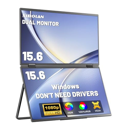 Portable Monitor Dual 15.6 Inch 1080P Dual Stacked Foldable Screen Monitor, USB-C HDMI Travel Monitor for Laptop Mac Windows, Screen Extender with Kickstand, VESA Mountable - size: 15.6 inch Dual monitor Metal