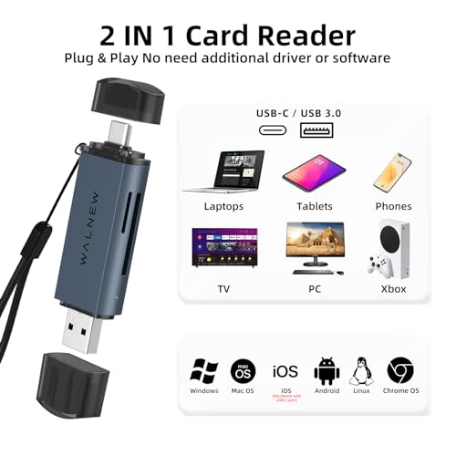 SD Card Reader, WALNEW USB 3.0 and USBC to SD/microSD Adapter for MacBook Pro/Air M1 M2,Mac,iPad 10th/Mini 6,XPS 15,Samsung Galaxy S23 S22,Tab S9 S7 S6 A8,Surface Laptop,Chromebook,Windows PC | Supports UHS-I SD/SDHC/SDXC/MicroSD, Compatible with MacBook,