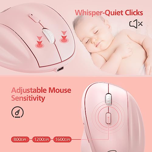 Micropack Wireless Bluetooth Mouse Ergonomic Vertical for Laptop MacBook PC Tablet Rechargeable Silent Click Multi-Device 3-Mode 2.4G Adjustable DPI Compatible with Windows Android iOS MacOS Pink - color: Pink, size: Rechargeable 3-Mode