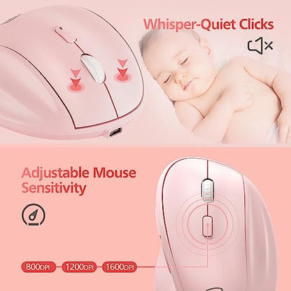 Micropack Wireless Bluetooth Mouse Ergonomic Vertical for Laptop MacBook PC Tablet Rechargeable Silent Click Multi-Device 3-Mode 2.4G Adjustable DPI Compatible with Windows Android iOS MacOS Pink - color: Pink, size: Rechargeable 3-Mode