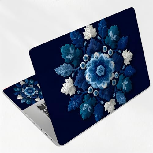 Navy Blue & White Leaf Mandala Universal Laptop Skin Sticker 3PCS, Protective Decal Trim-to-Fit 11.6" 13.3" 14" 15.6" Laptop Vinyl Cover, Removable Anti-Scratch Computer Decal Protector - color: Navy Blue & White Leaf Mandala