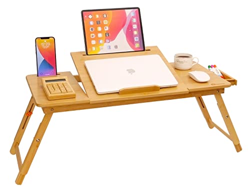 Lap Desk COIWAI Laptop Table Bamboo Writing Eating Bed Tray Adjustable Angle Height Foldable Desk Tray with Tablet Slot Drawer Breakfast Coffee Tea Table for Sofa Couch Floor Large Size - size: 28.8" *13.4" Height&Angle adjust