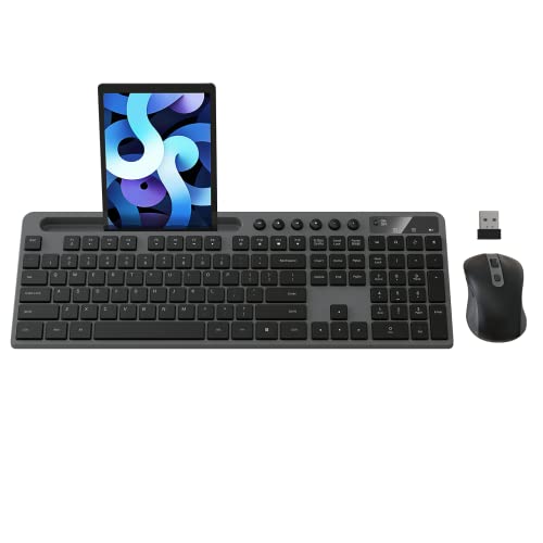Wireless Keyboard and Mouse Combo, MARVO 2.4G Ergonomic Wireless Computer Keyboard with Phone Tablet Holder, Silent Mouse with 6 Button, Compatible with MacBook, Windows (Grey) - color: Grey