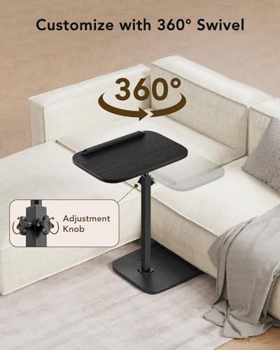 HUANUO TV Tray Table, Adjustable Height TV Tray with 360° Swivel & 90° Tilt, Sturdy Side Table with Anti-Slip Bar for Laptop, Eating, Space-Saving Side Table for Couch, Bedside, Living Room (Black) - color: Black