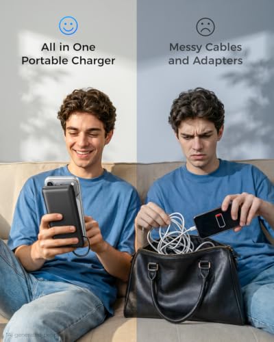 VEGER Portable Charger with Built-in AC Plug and Cables, All in One 10000mAh Ultra Slim Power Bank Travel Essentials, USB C External Battery Pack Compatible with iPhone, Samsung, Android, Black - color: A Black