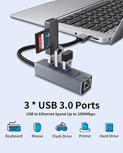 USB to Ethernet Adapter for Laptop, 4-in-1 USB3.0 to RJ45 Hub, 3*USB 3.0, Gigabit 10/100/1000Mbps, Support for MacBook, Surface Pro, Windows, Linux, Chromebook and More