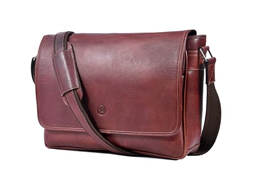 16" Crossbody Bag Leather Laptop Messenger Bag For Men with trolley sleeve for school office (Dark Brown) - color: Dark Brown