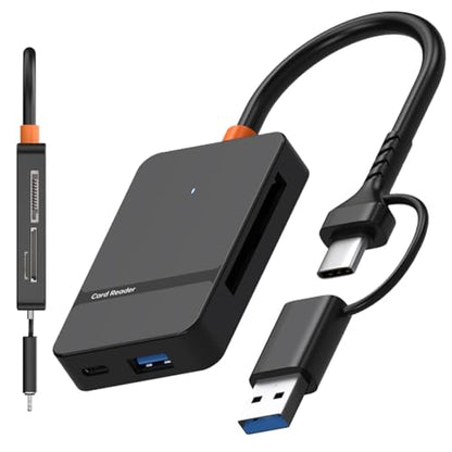USB C USB 3.0 Dual Interface Multi Card Reader, OTG Adapter, with 4 Card Slots, USB C/A Ports, 5Gbps, 2TB Capacity, Suitable for SD MS CF TF Cards, Compatible with iPhone/iPad/MacBook/Samsung