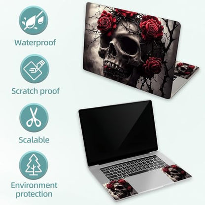 Universal Laptop Skin Decal, 3-Piece Vinyl Protector for 12 13 14 15.6" Notebook, Waterproof Anti-Scratch, Easy Trim & Bubble-Free Finish, Skull with Red Roses on Head - color: Skull with Red Roses on Head