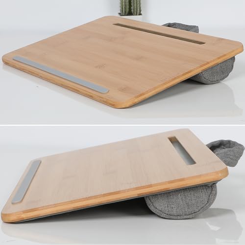 SUMISKY Portable Laptop Desk with Cushion and Phone Holder Bamboo Laptop Stand for Sofa Fits Up to 14 Inches - size: S(16.5"x10.8")