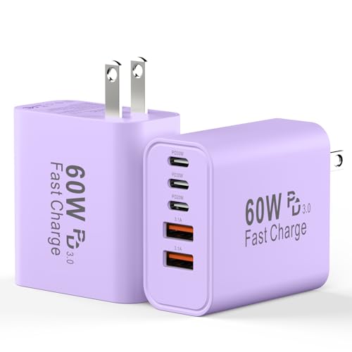 USB C Charging Blocks, 60W USBC Wall Fast Charger Block, Type C Phone USB C Charger Fast Charging Brick, 5-Port Multiport Charger Plug Power Adapter for Phone 17/16/15/14/13 Pro Max, Pad,S25-Lavender - color: Lavender