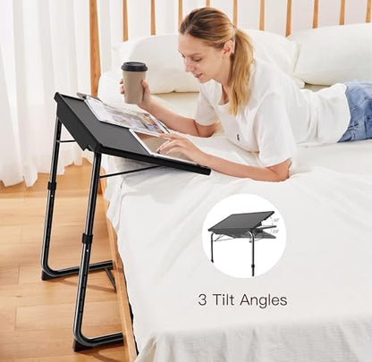 HUANUO Adjustable TV Tray Table - Foldable TV Tray with 6 Height & 3 Tilt Angle Adjustments, TV Dinner Tray with Cup Holder for Couch, Bed, Sofa and Chair (Black) - color: Black