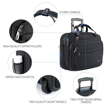 VANKEAN 15.6" Rolling Laptop Bag Waterproof RFID Travel Business Black