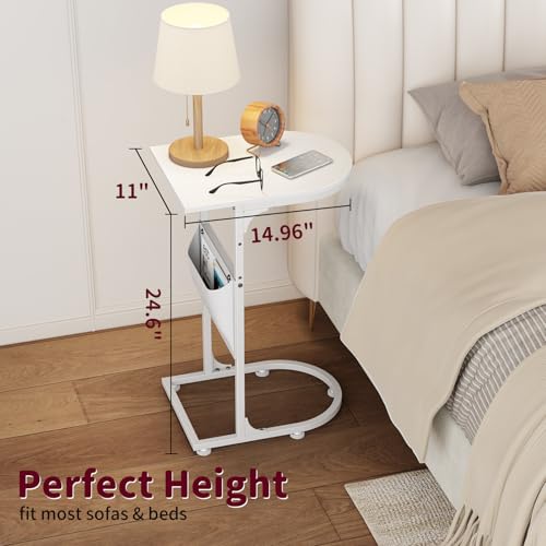 C Shaped End Table, Small Side Table for Couch, C Table that Slides Under Sofa with Storage Bag, TV Tray Table for Recliner, Living Room, Bedside, Bedroom, Small Spaces, White - color: Classic White