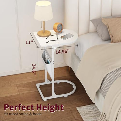 C Shaped End Table, Small Side Table for Couch, C Table that Slides Under Sofa with Storage Bag, TV Tray Table for Recliner, Living Room, Bedside, Bedroom, Small Spaces, White - color: Classic White