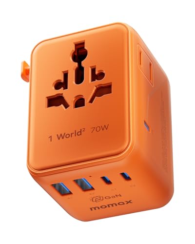 MOMAX Mini 7-in-1 Universal Travel Adapter, GaN 70W Dual AC, 3 USB-C PD & 2 USB-A QC, International Power Charger for 200+ Countries – Compact Travel Adapter for Laptop, Phone, UK/AUS/EU/JP Plug - color: Cosmic Orange, size: 70W