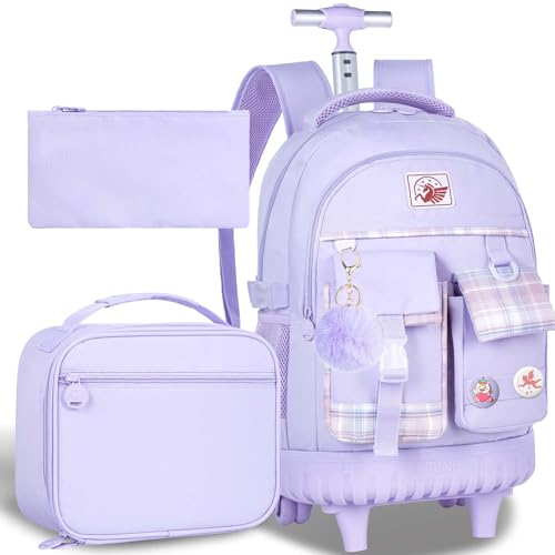 AGSDON Rolling Backpack for Girls, 21" Women Roller Wheels Bookbag, Laptop Wheeled Suitcase School Backpacks with Lunch Bag for Teens - color: Square Purple