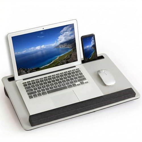 Lap Desk Home Office Lap Desk Portable Laptop Desk for Left Right - Handers with Whole Mouse Pad Wrist Pad Dual Cushion Phone Tablet Slots Fits Up to 17 Inch Laptops - color: Light Grey