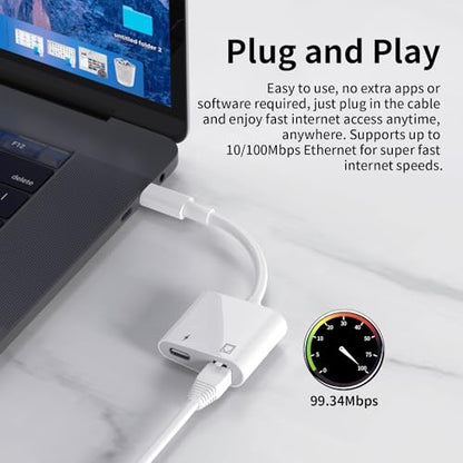 USB C to Ethernet Adapter, 2 in 1 RJ45 Ethernet LAN Network Adapter | Compatible with iPhone 17/16/15/New iPad and USB C Devices, Plug and Play, Supports 100Mbps Ethernet Network - size: USB-C to RJ45