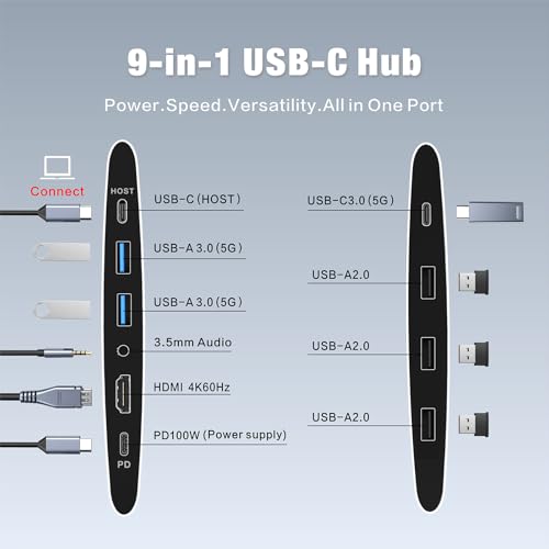 Adjustable Laptop Stand for Desk with Docking Station 9-in-1, Aluminum Laptop Riser with USB Hub, 360° Swivel, Dual Display 4K60Hz HDMI, 3 USB3.0, 100W PD Charging, for MacBook Pro Air/Dell/HP 7-15.6" - size: 9-in-1 Hub Laptop Stand